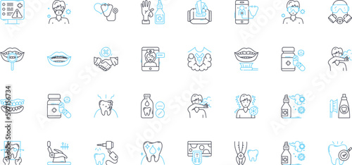 Oral hygiene linear icons set. Toothpaste, Brushing, Flossing, Mouthwash, Dentist, Plaque, Tartar line vector and concept signs. Cavities,Gingivitis,Halitosis outline illustrations
