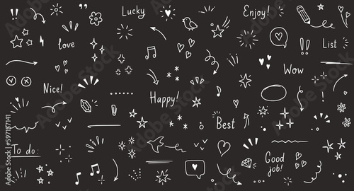 Doodle cute glitter pen line elements chalkboard. Doodle heart, arrow, star, sparkle decoration symbol set icon. Simple sketch line style emphasis, attention, pattern elements. Vector illustration