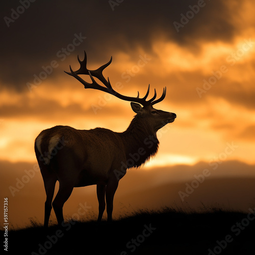 Silhouette of a male deer at sunset. Created using ai generative. 