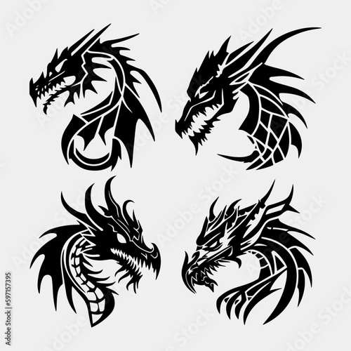 vector illustration, set of round tribal dragon tattoo designs, black and white graphics