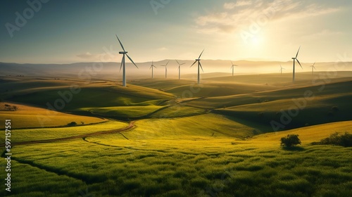 Crops field with wind farm turbines in the background, windmill creating renewable energy, ecosystem and ecology environment background, created using Generative AI technology