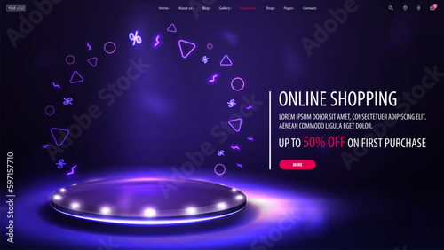Online shopping, purple discount banner with offer and purple podium