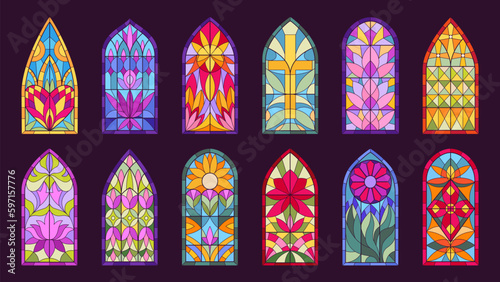 Mosaic church windows. Cartoon stained glass windows, decorative abstract mosaic frames flat vector illustration set. Cafedral arch windows