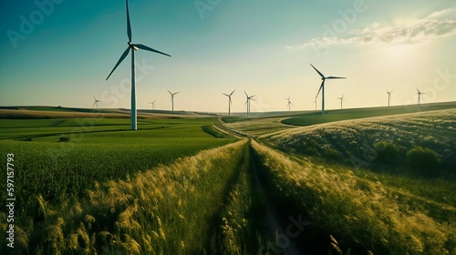 Crops field with wind farm turbines in the background, windmill creating renewable energy, ecosystem and ecology environment background, created using Generative AI technology