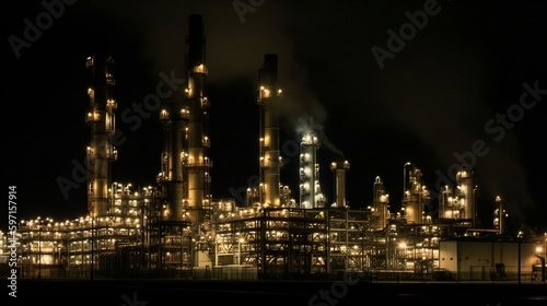 Night photography of a power plant, industrial factory background, created using Generative AI technology