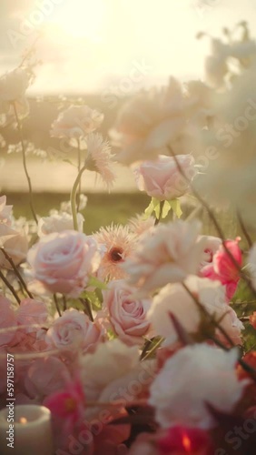 The rays of the sun make their way through the pink roses. Summer view. Slow motion, warm video. Beautiful Festive decoration with flowers. Vertical footage. Beautiful natural wallpaper.