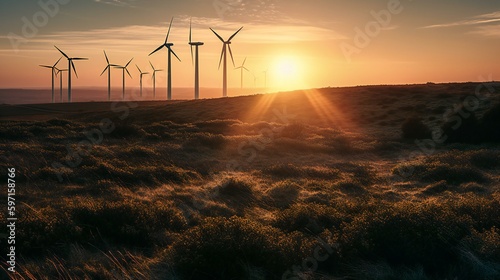 Canvas Print Crops field with wind farm turbines in the background, windmill creating renewab
