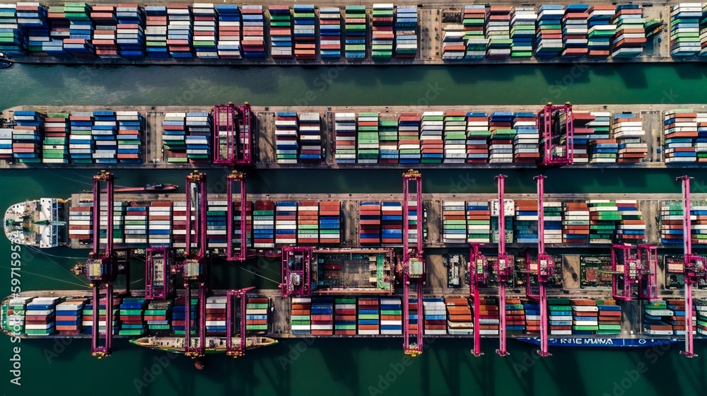 Obraz premium Aerial view shot of an industrial port with piles of containers and container ships docked, logistics and transportation background, created using Generative AI technology