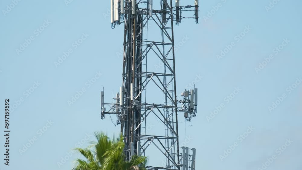 Tall telecommunication radio cell tower with wireless communication 5g antennas for network signal transmission Tall telecommunication radio cell tower with wireless communication 5g antennas for network signal transmission