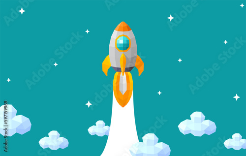 3D Low Polygon Cartoon Rocket Ship soars above the cloud at power speed. Startup Project New Business idea concept for presentation, banner, poster, and background. Vector illustration Flat design.