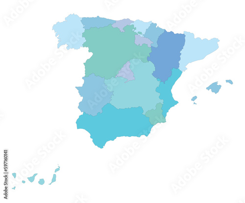 Map of Spain on blue color administrative map