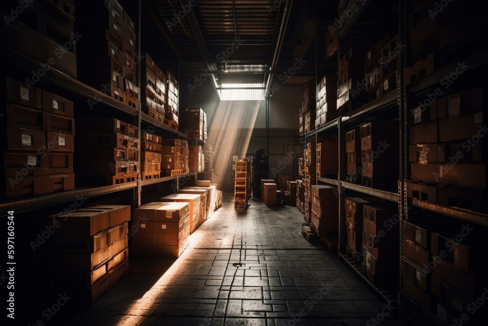 A well-lit warehouse with boxes stored on metal shelves viewed from a low angle. Generative AI