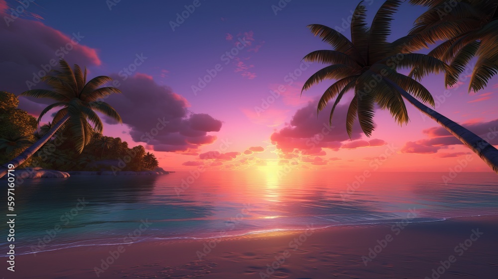 A stunningly realistic beach scene in 4K Ultra HD, with crystal clear turquoise waters, golden sands, and lush palm trees swaying in a gentle breeze, beach sunset, Generative AI