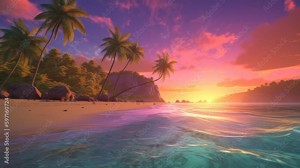 A stunningly realistic beach scene in 4K Ultra HD, with crystal clear turquoise waters, golden sands, and lush palm trees swaying in a gentle breeze, beach with trees, Generative AI