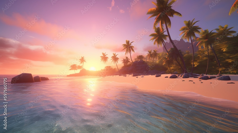 A stunningly realistic beach scene in 4K Ultra HD, with crystal clear turquoise waters, golden sands, and lush palm trees swaying in a gentle breeze, sunset at the beach, Generative AI