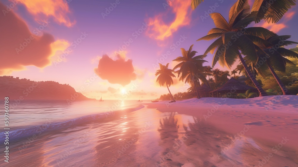 A stunningly realistic beach scene in 4K Ultra HD, with crystal clear turquoise waters, golden sands, and lush palm trees swaying in a gentle breeze, sunset at the beach, Generative AI