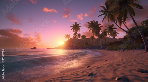 A stunningly realistic beach scene in 4K Ultra HD, with crystal clear turquoise waters, golden sands, and lush palm trees swaying in a gentle breeze, sunset on the beach, Generative AI