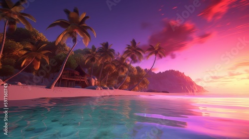 A stunningly realistic beach scene in 4K Ultra HD  with crystal clear turquoise waters  golden sands  and lush palm trees swaying in a gentle breeze tropical island with palm trees  Generative AI