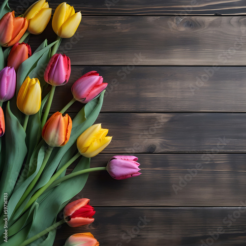 Tulips on a dark wooden background with space for text. Generative AI.