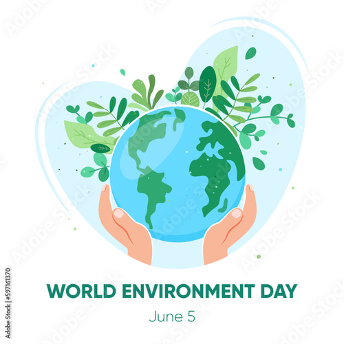 Environment care. Ecology concept.  Protect nature and ecology banner. Hands holding planet earth. Earth day. Globe with green leaves. Vector illustration