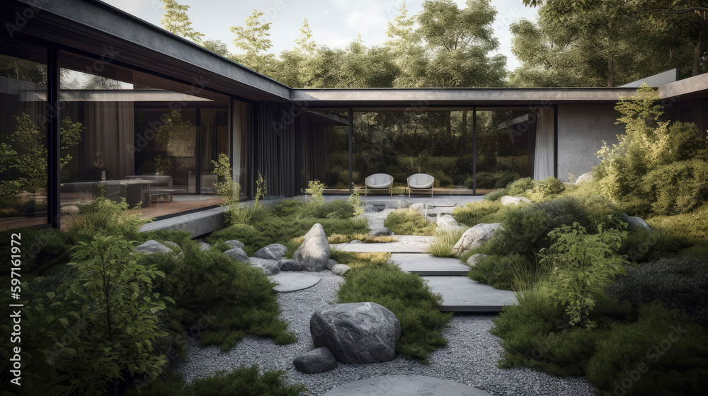 Private garden that merges modernist design principles with the contemporary Scandinavian residential architecture that captures the minimalist and contemporary design philosophy. Generative AI