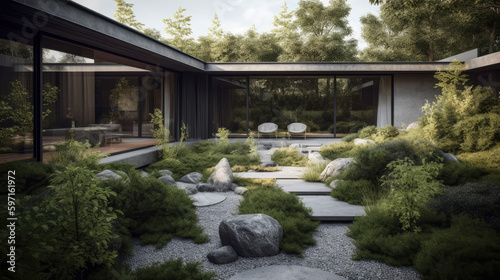 Private garden that merges modernist design principles with the contemporary Scandinavian residential architecture that captures the minimalist and contemporary design philosophy. Generative AI © piai