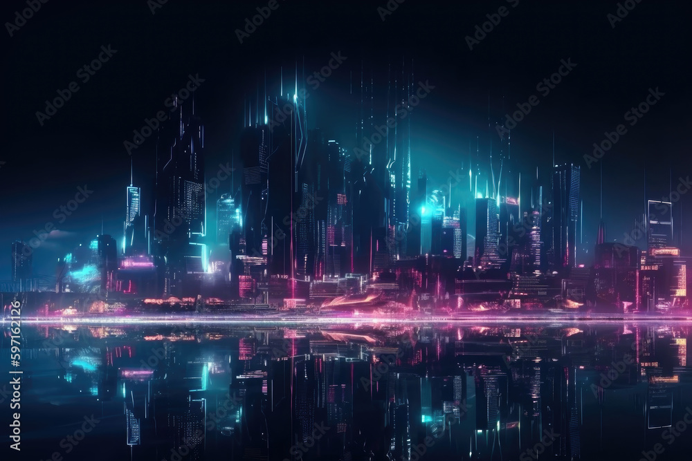 Modern cyberpunk night city landscape with illuminated futuristic buildings of metropolis with light reflection on water surface, created with Generative AI