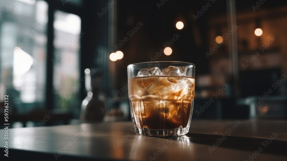 Cold coffee with ice on table of a bar