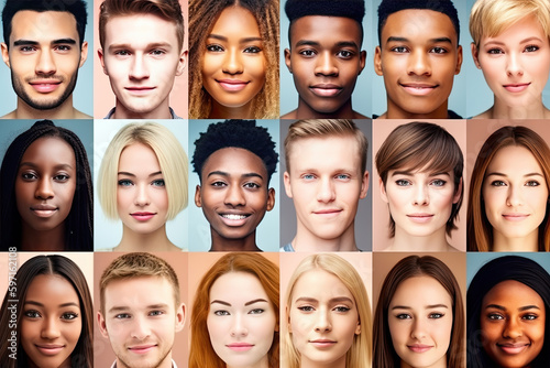 Collage of many happy smiling multicultural teenages faces looking at camera, created with Generative AI.