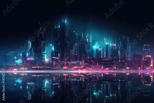 Modern cyberpunk night city landscape with illuminated futuristic buildings of metropolis with light reflection on water surface, created with Generative AI