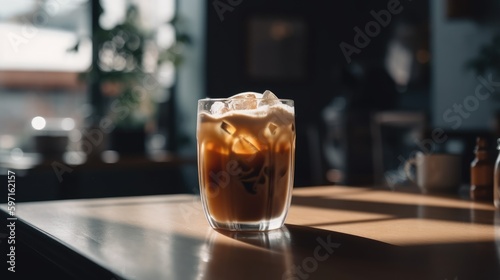 Cold coffee with ice on table of a bar