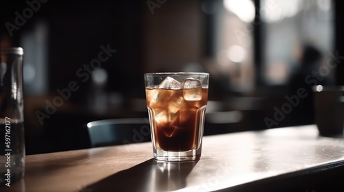Glass with cold coffee on table of a bar