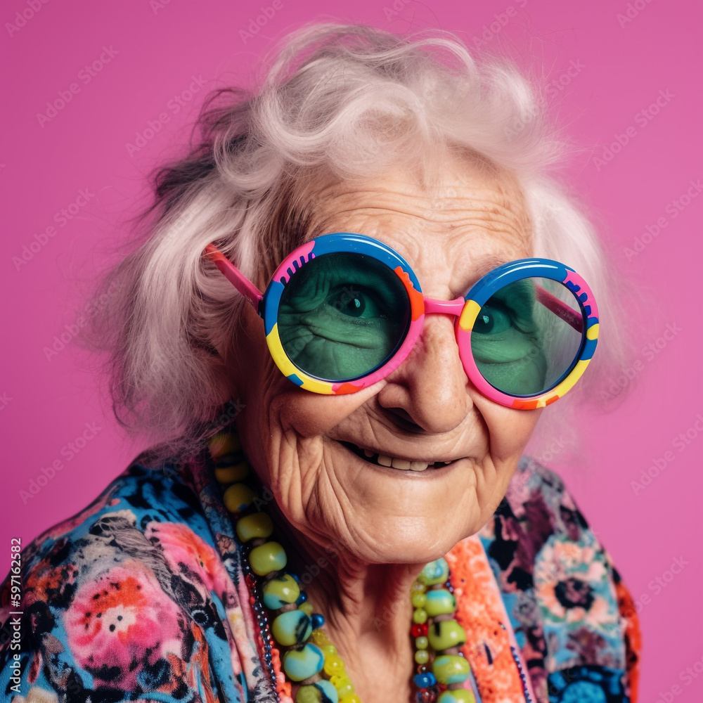 Generative AI of a funny hippie grandma.
Generative AI of a funny hippie grandma.
