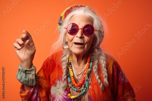 Generative AI of a funny hippie grandma.  © belyaaa