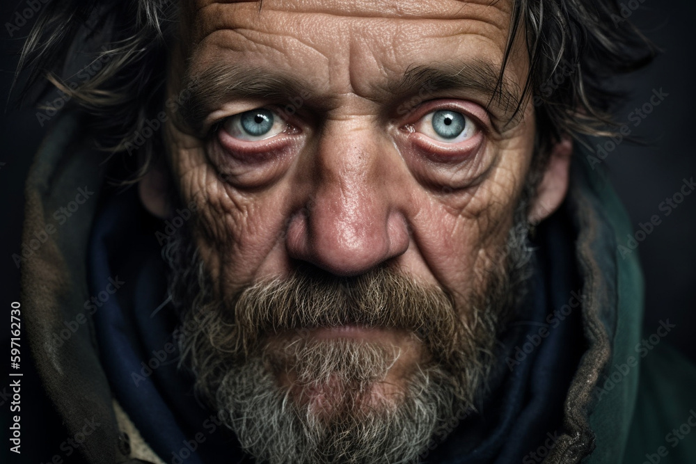 Portrait of a sad homeless man. Generative AI. Portrait of a sad homeless man. Generative AI.