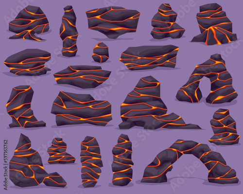 Volcano ground rock stone with lava in cracks. Lava rock with crack. Vector illustration set EPS10.