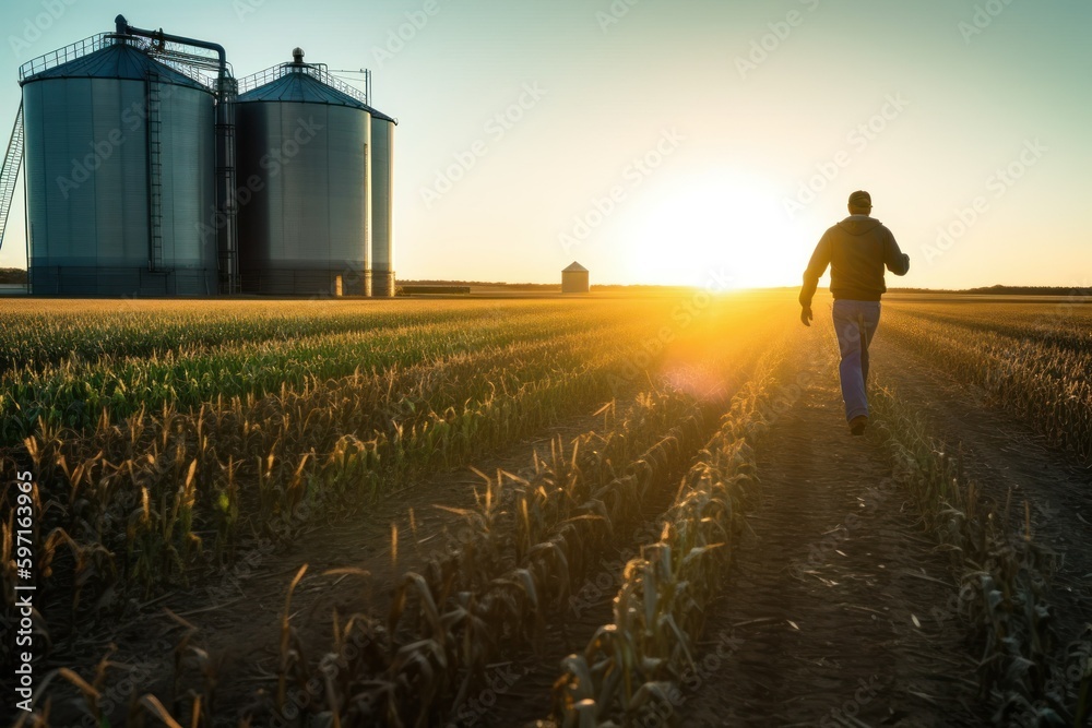 Farmer walking through corn field at dawn, grain silo in the distance, depicting rural life and agriculture, generative ai - obrazy, fototapety, plakaty 