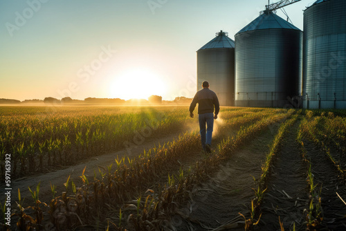 Print op canvas Farmer walking through corn field at dawn, grain silo in the distance, depicting
