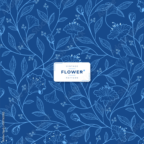 vintage blue ink flower pattern