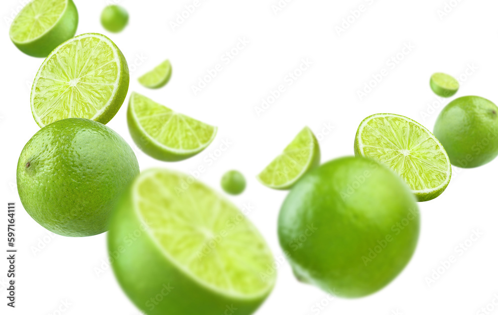 Flying delicious lime fruits, cut out