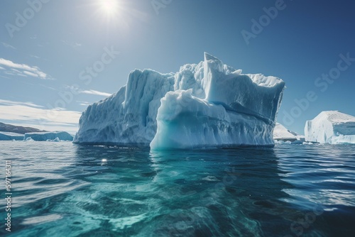 Sunny day on Antarctic iceberg landscape with turquoise water. Home interior images. Generative AI