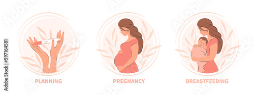 Set of illustrations on pregnancy and planning, breastfeeding and motherhood. Vector illustration.
