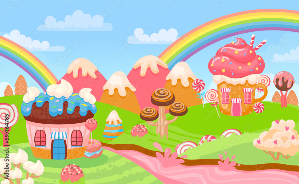 Candy land chocolate biscuit houses and caramel trees Candy land chocolate biscuit houses and caramel trees