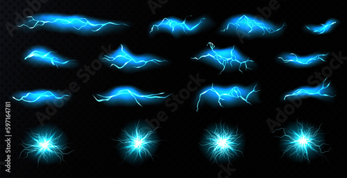 Lightning, electric thunderbolt strike of blue color during night storm, impact, crack, magical energy flash. Vector illustration, isolated thunderbolt flare on black background. Neon burst