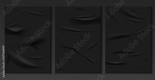 Realistic set of black glued wall posters. Glued posters, old adhesive texture mockup. Blank sheets creased effect. Blank pages with wrinkles, realistic 3d set