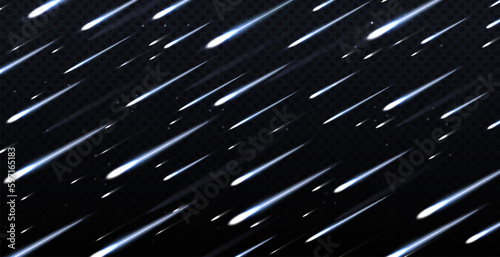 Realistic blue light effect of meteor rain in sky. Glowing comets with flame trails isolated on transparent background. Fireballs falling with glowing trails.