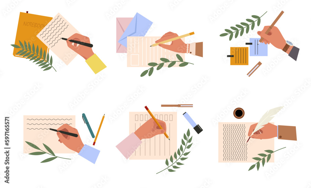 Hand making note. Cartoon hands holding pens and pencils flat vector symbols illustrations set. Person writing or painting. Diary plan. Paper document. Hand making note. Cartoon hands holding pens and pencils flat vector symbols illustrations set. Person writing or painting. Diary plan. Paper document.