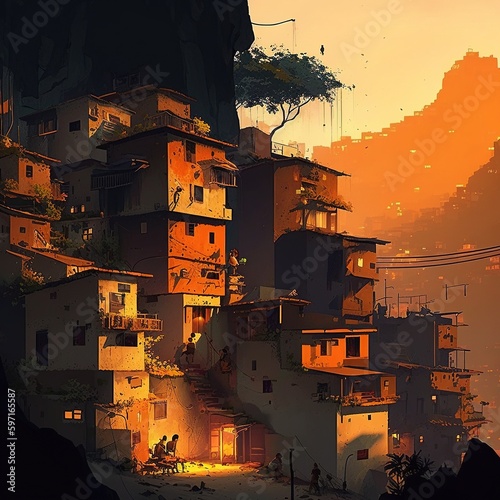 Rio de Janeiro landscape illustration. Slum  beach  mountains  nature. Generative AI