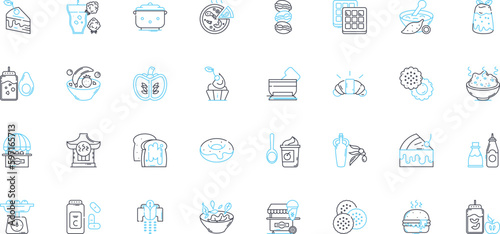 Lunch linear icons set. Refuel, Savor, Nourish, Break, Bite, Grab, Feast line vector and concept signs. Recharge,Satisfy,Indulge outline illustrations