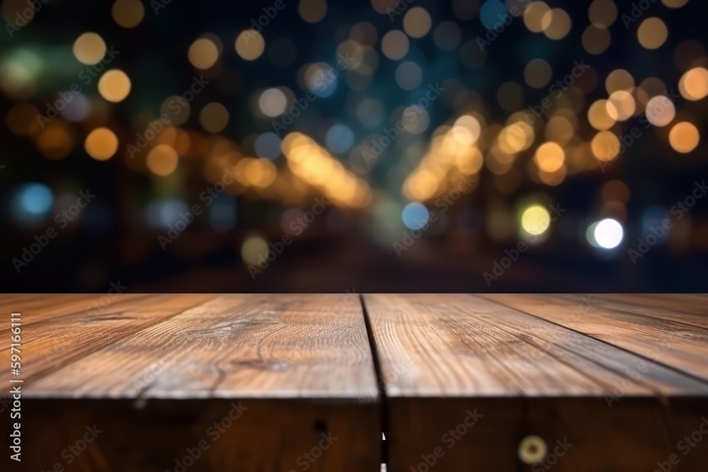 Empty wooden table surface closeup, blur cafe bar restaurant interior background, bokeh lights. Generative AI